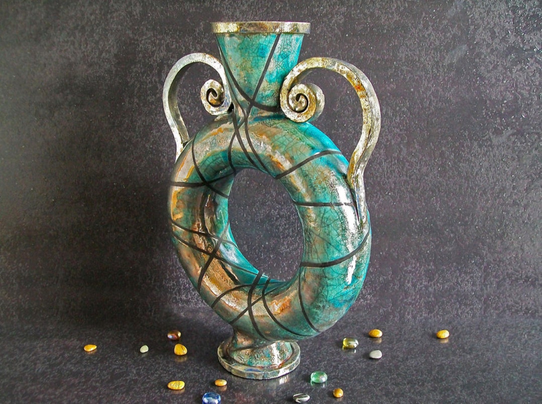 Raku Pottery Donut Vase With Handles and Striped Pattern Etsy