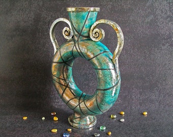 Raku pottery donut vase with handles and striped pattern, turquoise decorative ring vase centerpiece, various colors available, handmade