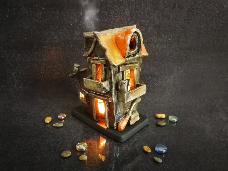 Spooky Haunted House Miniature, Raku Ceramic Candle Holder & Essential Oil Diffuser Customizable colors Halloween Decor image 1