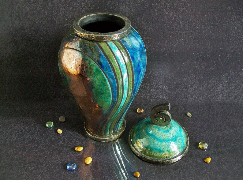 Raku colorful Urn, blue striped urn, cremation urn for ashes, keepsake urn, adult urn human, pet urn, personalized urn, cat urn, dog urn image 1