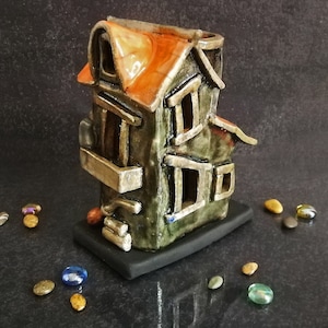 Spooky Haunted House Miniature, Raku Ceramic Candle Holder & Essential Oil Diffuser Customizable colors Halloween Decor image 8