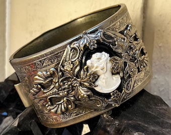 Victorian Revival Cameo Cuff Bracelet Extra Wide Statement Piece