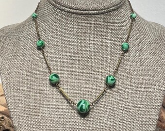 Green Stone & Gold Etched Necklace