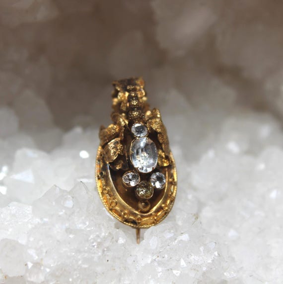 Antique Georgian 14k Yellow Gold Leaf Brooch • Rhinestone Estate Jewelry • Vintage Gold Pin for Collectors