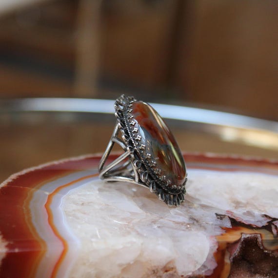 Moss Agate Sterling Silver Statement Vintage Ring… - image 4