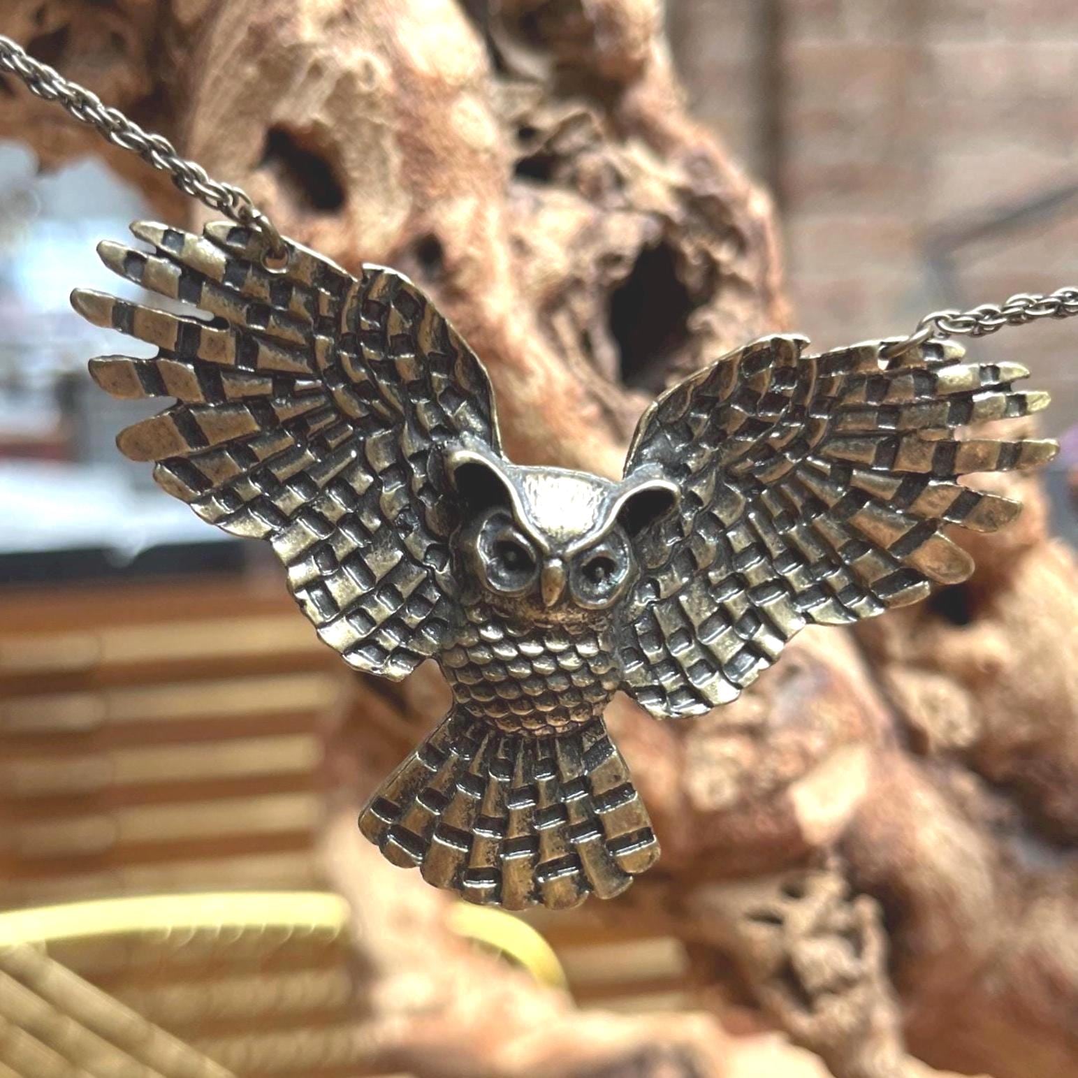 Vintage Brass Flying Owl Wingspan Necklace