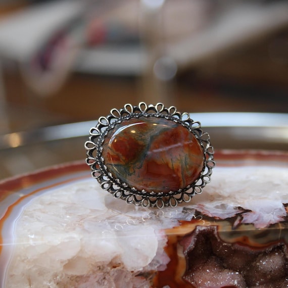 Moss Agate Sterling Silver Statement Vintage Ring… - image 6