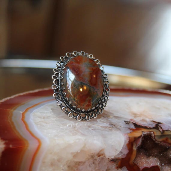 Moss Agate Sterling Silver Statement Vintage Ring… - image 1
