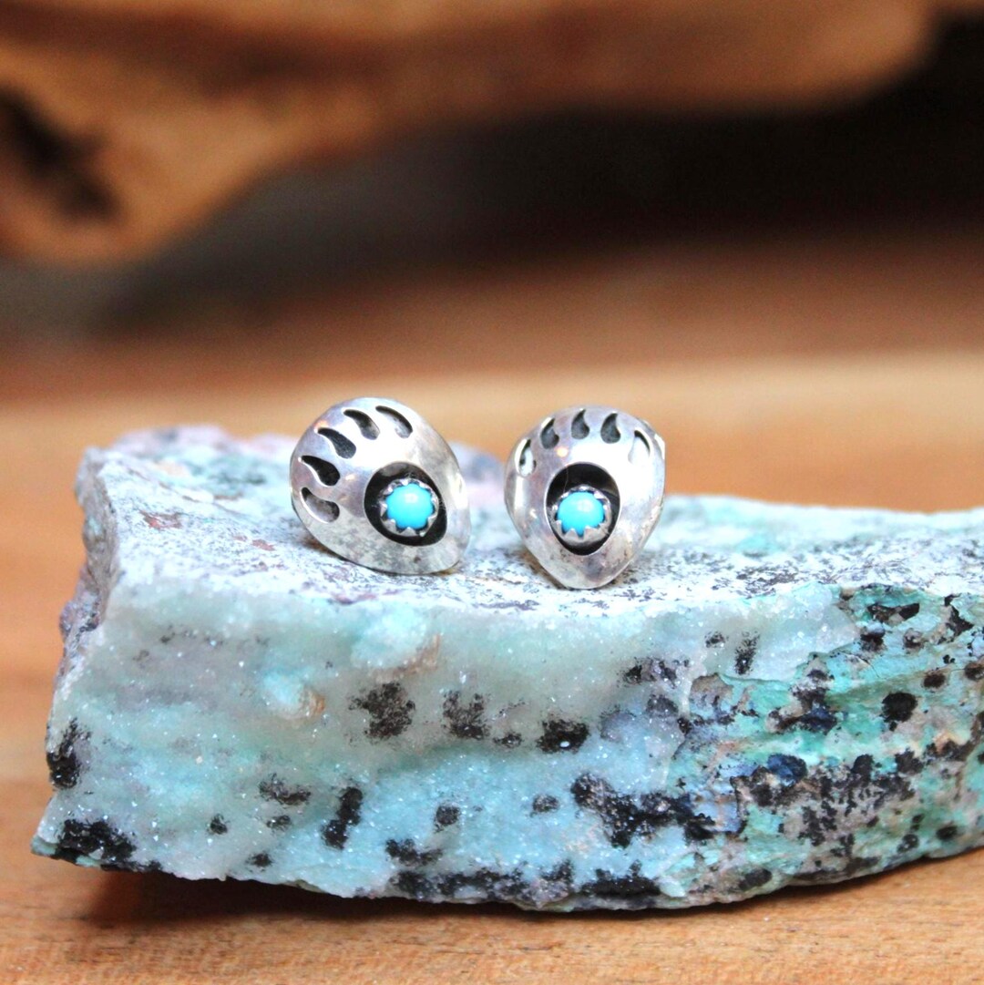 Vintage Navajo Sterling Silver Tribal Bear Paw Turquoise Stud Earrings ...