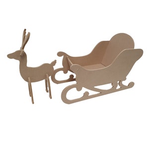 Large Freestanding MDF Santa Christmas Sleigh & Reindeer - Ideal for craft and decoupage 3D