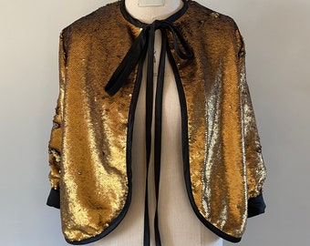 Gold sequin festival party bomber jacket with bow U.K. 12