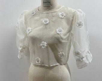 Silk organza bridal top with puff sleeves and floral sequin appliqué UK12