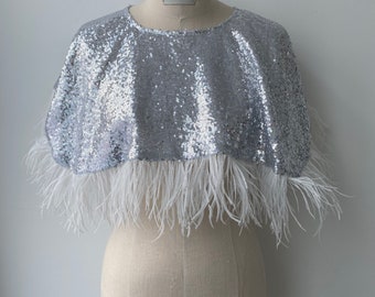 Silver sequin cape with ostrich feather trim bridal wedding separate cover up festival outfit