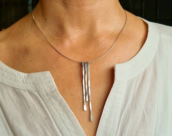 Silver Fringe Necklace, Minimalist Silver Choker, Hammered Silver Statement Necklace, Unique Handmade Jewelry, Mothers Day Jewelry Gift