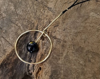 Gold Circle Pendant Necklace with Black Onyx Stone, Large Open Circle Pendant, Big Circle Pendant, Long Geometric Necklace, Gift for Her