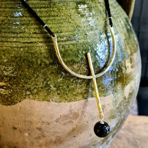 Large Gold Pendant Necklace with Black Onyx Gemstone, Long Geometric Statement Necklace for Women, Long Boho Necklace, Antique Brass Pendant