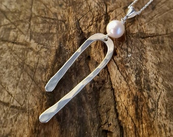 Pearl Pendant Necklace with Sterling Silver Lucky Horseshoe Charm, Pearl and Silver Pendant, Good Luck Necklace, Handmade Gift for Mother