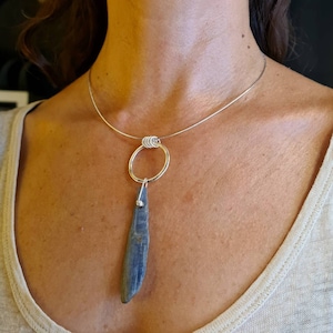 Silver and Kyanite Necklace, Big Blue Kyanite Pendant, Silver Circle Necklace, Statement Necklace, Healing Crystal Necklace, Gift for Mother