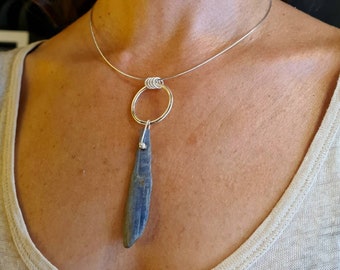 Statement Necklace, Silver and Kyanite Necklace, Big Blue Kyanite Pendant, Silver Circle Necklace, Healing Crystal Necklace, Gift for Mother