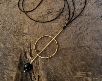 Long Geometric Pendant Necklace with Black Onyx Stone, Black & Gold Jewelry, Gold Circle Necklace, Gold Bar Necklace, Handmade Gift