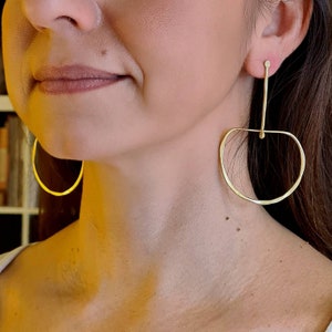 Long Gold Earrings, Statement Earrings, Brass Earrings, Geometric Circle and Bar Dangle, Boho Earrings, Modern Geometric Handmade Earrings