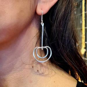 Long Silver Statement Earrings, Sterling Silver Circle and Bar Dangle Earrings, Long Silver Drops, Modern Earrings, Elegant Gift for Her