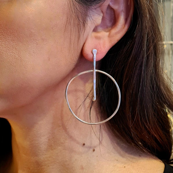 Handmade Sterling Silver Circle Bar Earrings, Modern Geometric Studs