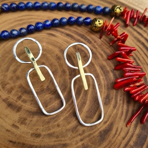 Geometrische Ohrringe, Silber und Gold Ohrstecker, Silber Statement Ohrringe, Silber lange Ohrringe, moderne Ohrringe, handgemachtes Geschenk zum Valentinstag