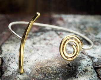 Minimalist Silver Cuff Bracelet with a Golden Arch and Spiral Figure, Dainty Silver Open Bangle, Infinity Bracelet, Her Valentine's Day Gift