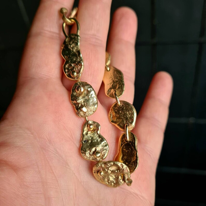 Handmade Gold Disc Chain Bracelet, Antique Brass Brutalist Bracelet, Unique Bracelet for Women, Ancient Coin Bracelet, Gift for Her, Wife image 10