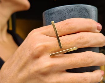 Unique Gold Double Bar Ring, Minimalist Modern Geometric Brass Ring, Everyday Two Finger Ring, Artisan Jewelry Gift for Her