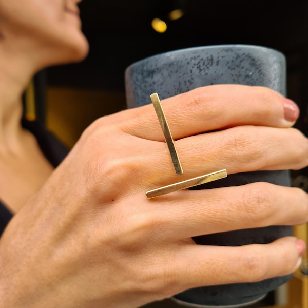 Unique Gold Double Bar Ring, Minimalist Modern Geometric Brass Ring, Everyday Two Finger Ring, Artisan Jewelry Gift for Her