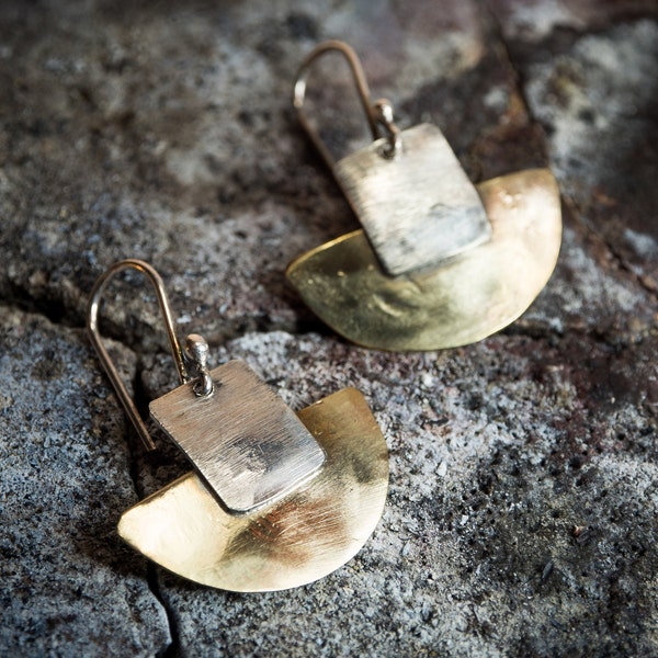 Sterling Silver and Gold Sun Earrings, Geometric Statement Dangle, Unique Handmade Valentines Day Gift for Her