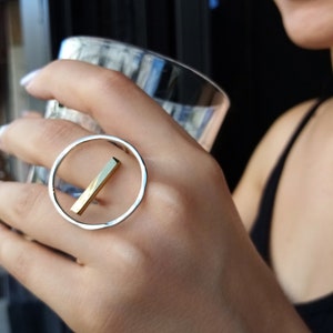 Open Circle Silver Ring with a Gold Bar, Minimalist Silver Ring, Geometric Ring, Big Round Ring, Dainty Everyday Ring, Unique Gift for Her