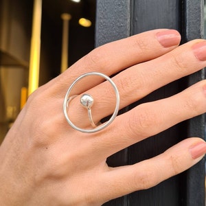Sterling Silver Circle Ring with a Ball, Geometric Big Round Ring, Unique Everyday Rings