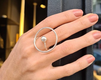 Large Silver Circle Ring with a Ball, Geometric Silver Ring, Big Round Ring, Silver Ball Ring, Large Circle Ring, Unique Gift for Mother