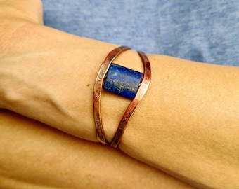 Lapis Lazuli Bracelet, Lapis Cuff Bracelet, Charm Bracelet Gift for Her, Antique Copper Cuff with Blue Natural Stone, Lapis Boho Bracelet