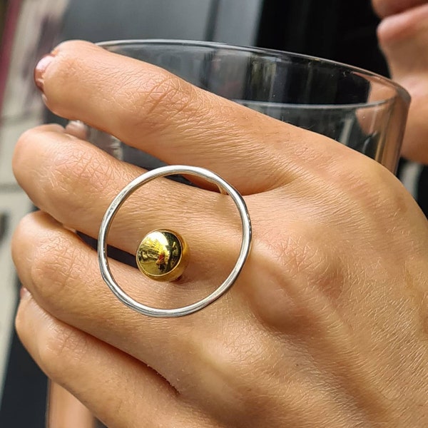 Sterling Silver Circle Ring with a Gold Ball, Modern Minimalist Statement Ring, Handmade Artisan Gift for Her