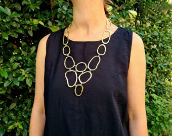 Handmade Gold Long Statement Necklace with Organic Loops, Artisan Jewelry