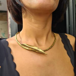Handmade Brass Choker with Olive Leaf, Boho Gold Collar Necklace, Artisan Bridal Jewelry, Goddess Necklace Gift for Her