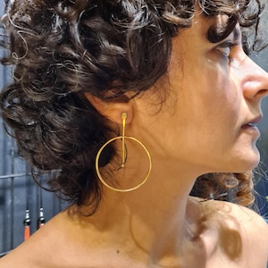 Large Gold Circle and Bar Studs, Big Brass or Silver Open Circle Hoop Studs, Modern Statement Earrings, Long Earrings, Gold Circle Bar Studs