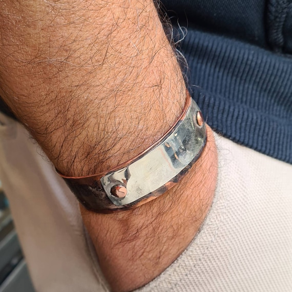 Handmade Mens Cuff Bracelet, Silver and Copper Mens Bangle, Unique Fathers Day Gift