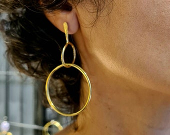 Large Gold Hoop Earrings, Double Circle Stud Earrings, Two Circle Earrings, Long Brass Earrings, Big Hoops, Gold Boho Earrings for Women