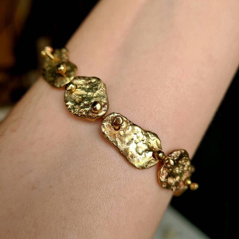 Handmade Gold Disc Chain Bracelet, Antique Brass Brutalist Bracelet, Unique Bracelet for Women, Ancient Coin Bracelet, Gift for Her, Wife image 4