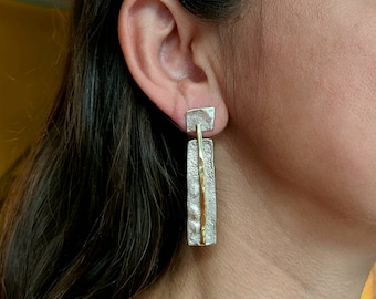 Sterling Silver Statement Earrings, Geometric Earrings, Long Rectangular Studs, Silver and Gold Studs, Handmade Earrings Gift for Women, Mom