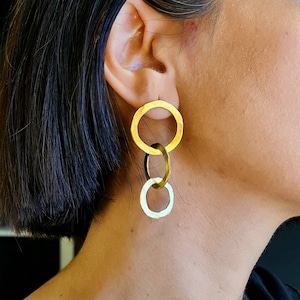 Gold Triple Hoop Studs, Long Asymmetric Brass Circle Earrings, Interlocking Hoop Earrings, Long Statement Earrings, Long Boho Bridal Earring