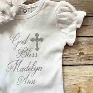 Baptism outfit baby girl , baptism bodysuit, God Bless, personalized christening outfit image 8