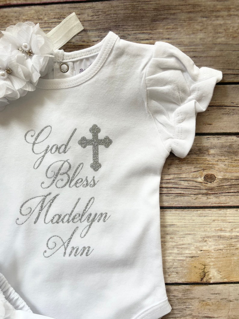 Baptism outfit baby girl , baptism bodysuit, God Bless, personalized christening outfit image 8
