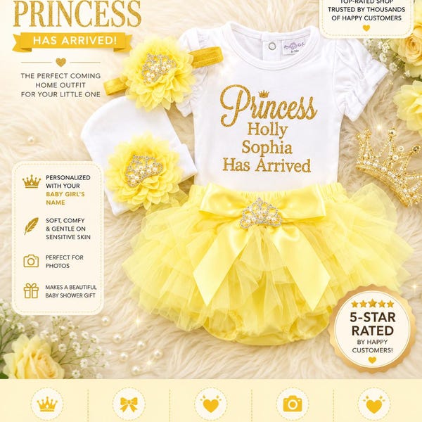 Tenue personnalisée de princesse pour bébé fille lors de sa sortie de maternité : bloomer jaune et bandeau