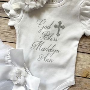 Baptism outfit baby girl , baptism bodysuit, God Bless, personalized christening outfit image 10